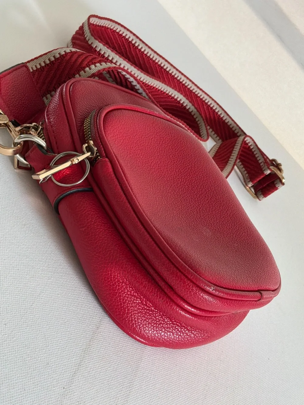 Red Double Zip Crossbody Bag w/ Adjustable Striped Guitar Strap